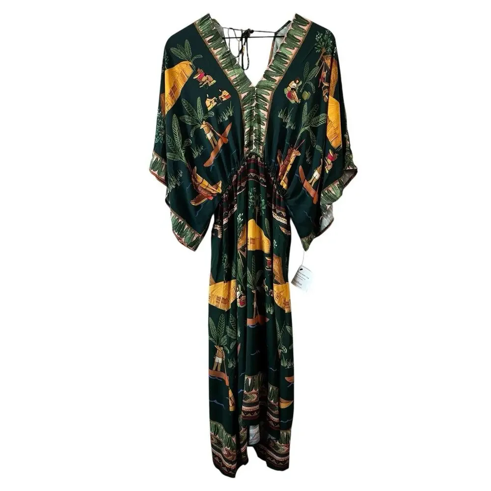 Farm‎ Rio Womens Dress Green Medium Yawanawa Indigenous Hut Print Rare Viscose - Picture 2 of 15